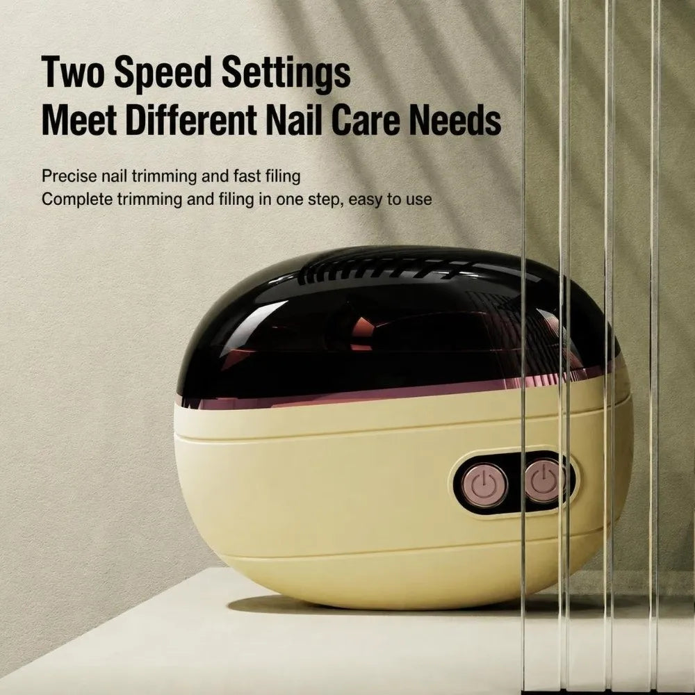 A beige electric nail clipper and grinder with a black top is shown on a light surface.