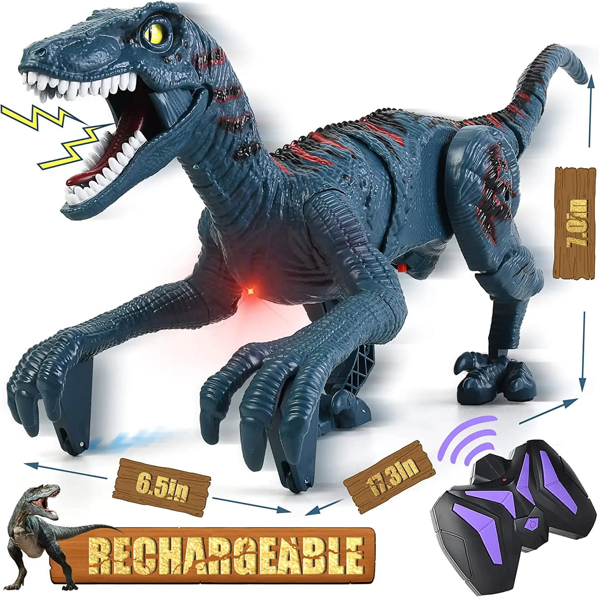 En mørkegrå Velociraptor dinosaur-leke med oppladbart batteri og lydeffekter, i en dynamisk positur.