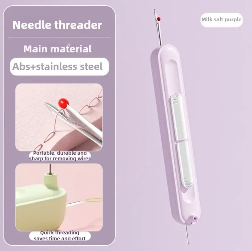 A pink needle threader tool with a sharp point and a plastic handle is shown next to a spool of milk salt purple thread.