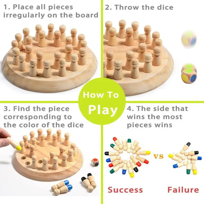 A set of wooden memory match stick chess game pieces and a die demonstrating how to play
