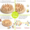 A set of wooden memory match stick chess game pieces and a die demonstrating how to play