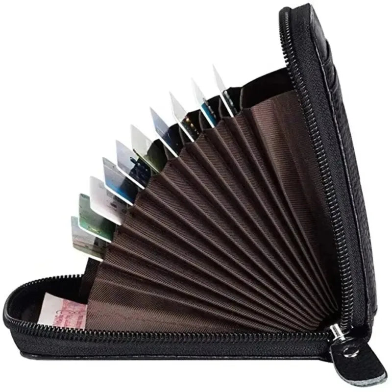 A black compact zipper card holder with multiple slots for storing cards and IDs.