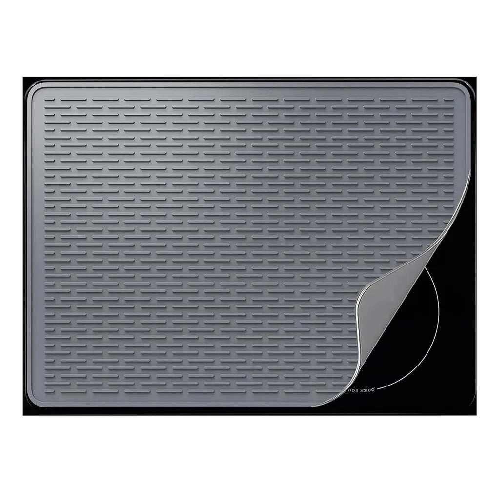 A gray silicone stove protector mat designed for induction and glass-top cooktops.