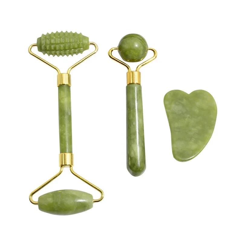 Juego de rodillo de jade natural y herramientas gua sha en piedra de jade verde claro
