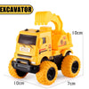 Yellow excavator toy car with large tires and a cab, shown from the side.