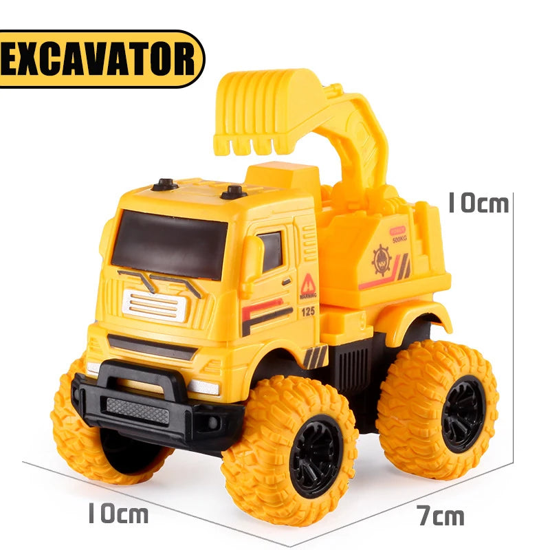 Yellow excavator toy car with large tires and a cab, shown from the side.