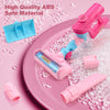 A pink toy vacuum cleaner is shown on a pink plate with clear beads, highlighting its safe ABS material.