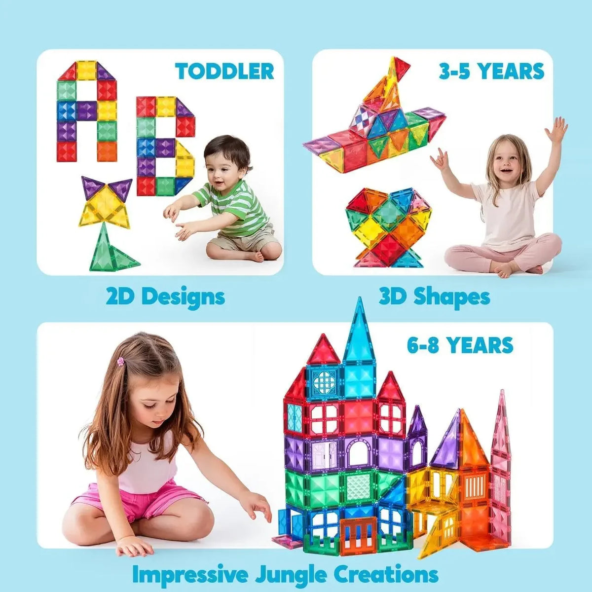 A set of magnetic building tiles and shapes for toddlers and children, including 2D designs and 3D shapes.