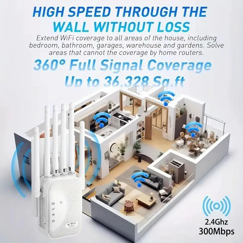 A white dual band WiFi range extender is shown installed in a modern house layout demonstrating extended signal coverage.