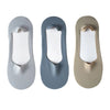 Three pairs of men's no-show socks with silicone grip in light gray, blue-gray, and beige tones.