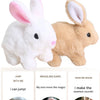 A white and tan plush bunny toy demonstrating jumping, wagging ears, and making sweet sounds.