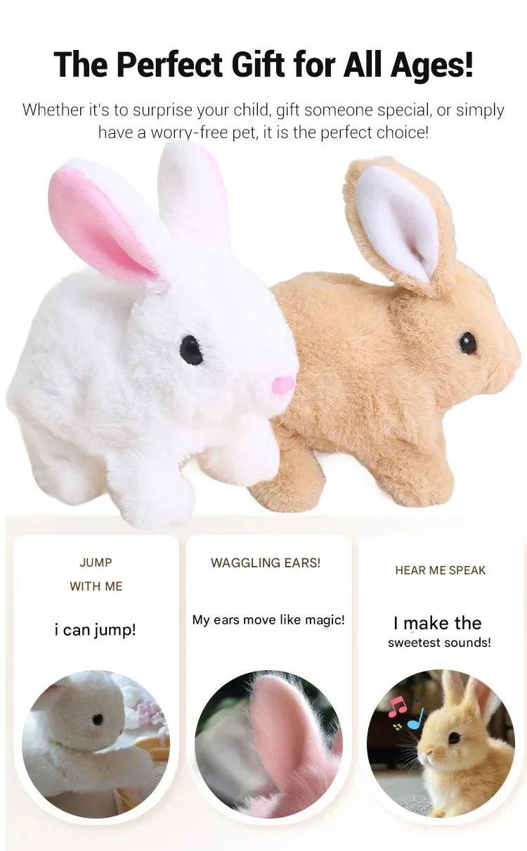 A white and tan plush bunny toy demonstrating jumping, wagging ears, and making sweet sounds.