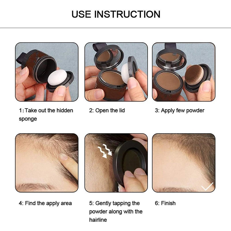 Instructions showing how to use a waterproof hairline shadow powder for root touch-up on the hairline.