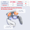 A gray TENS pulse neck and shoulder massager device is shown with two heads, demonstrating heating and electrical TENS functi