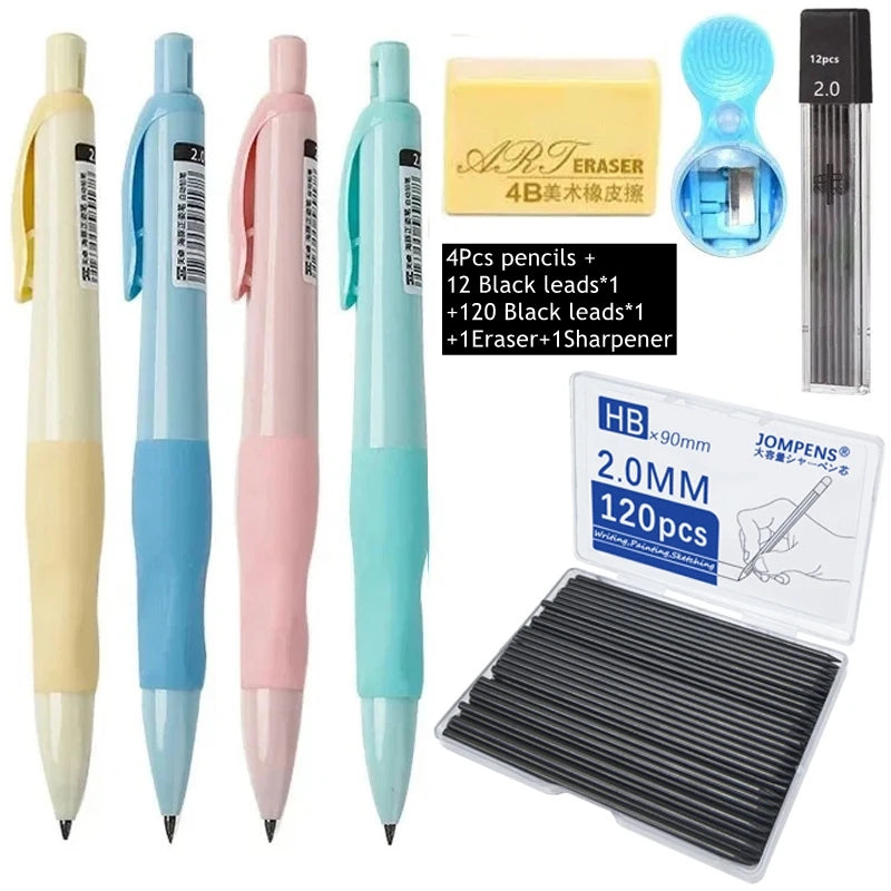 A set of 12 pencils, black leads, and an eraser for a 2.0mm mechanical pencil set.