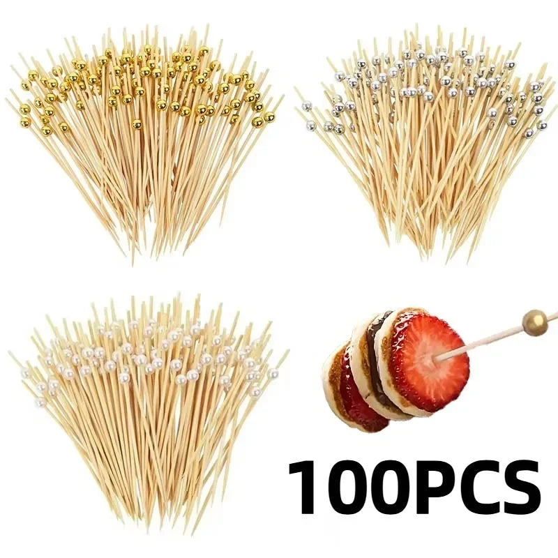 A collection of 100 pearl bamboo skewers for appetizers and desserts