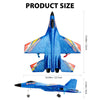 Blue SU-27 foam airplane model shown in side view and top view with dimensions.