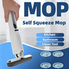 A hand is holding a white self-squeeze mop, demonstrating the cleaning tool for kitchen, bathroom, and general cleaning.