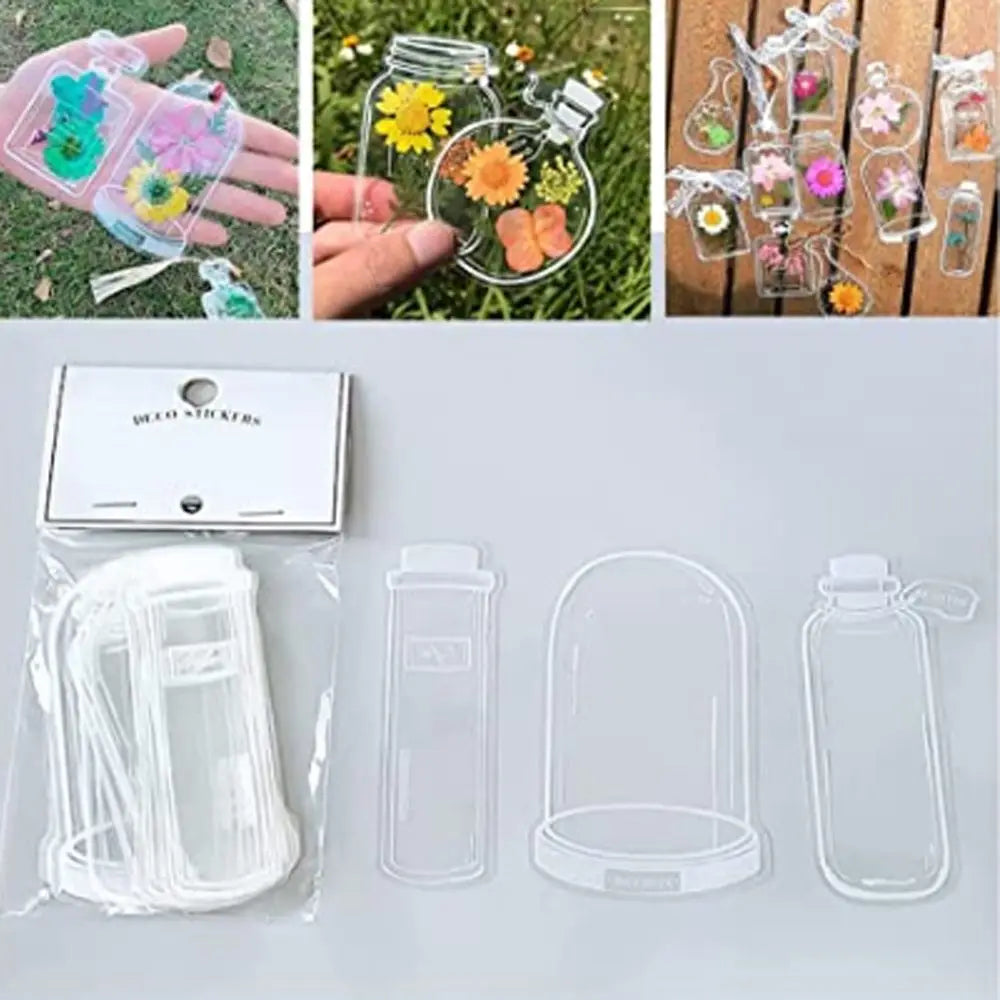 A collection of DIY transparent dried flower bookmarks and decorative items displayed on a white surface.