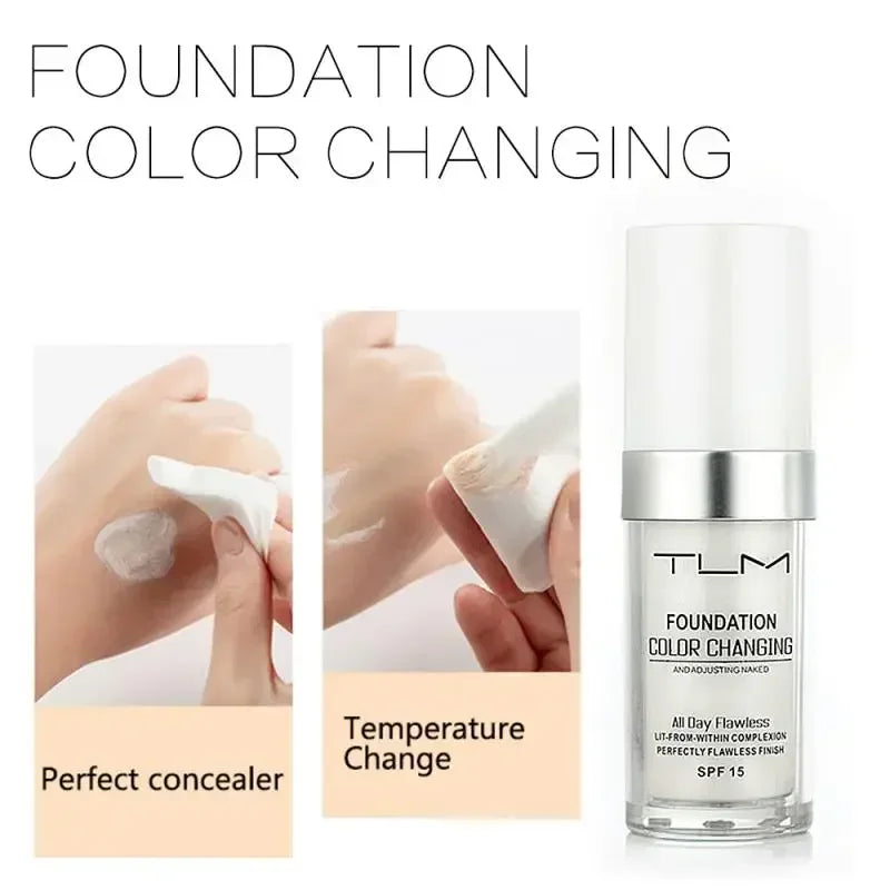 A hand applies foundation color changing liquid foundation to the skin for a perfect concealer finish.