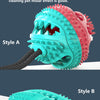 Two styles of a teal dog toy for dental cleaning, Style A and Style B, showing the textured ball and attachment.