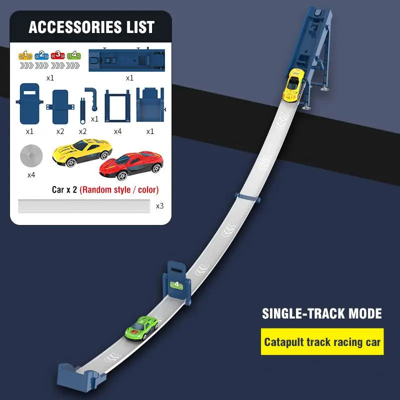 A long, gray track racing car set with yellow launchers and accessories laid out on a dark background.