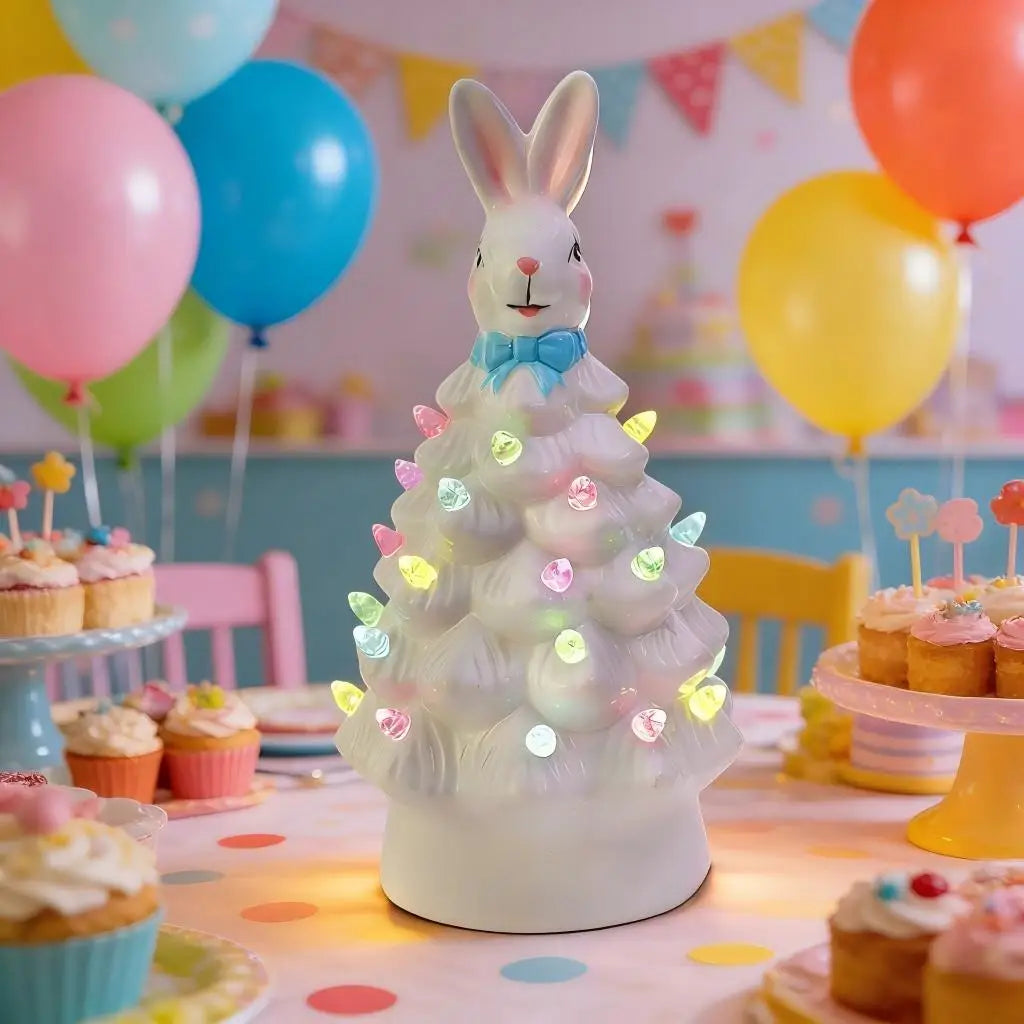 Figurine de lapin de Pâques en céramique blanche avec lumières LED, entourée de ballons colorés sur une table.