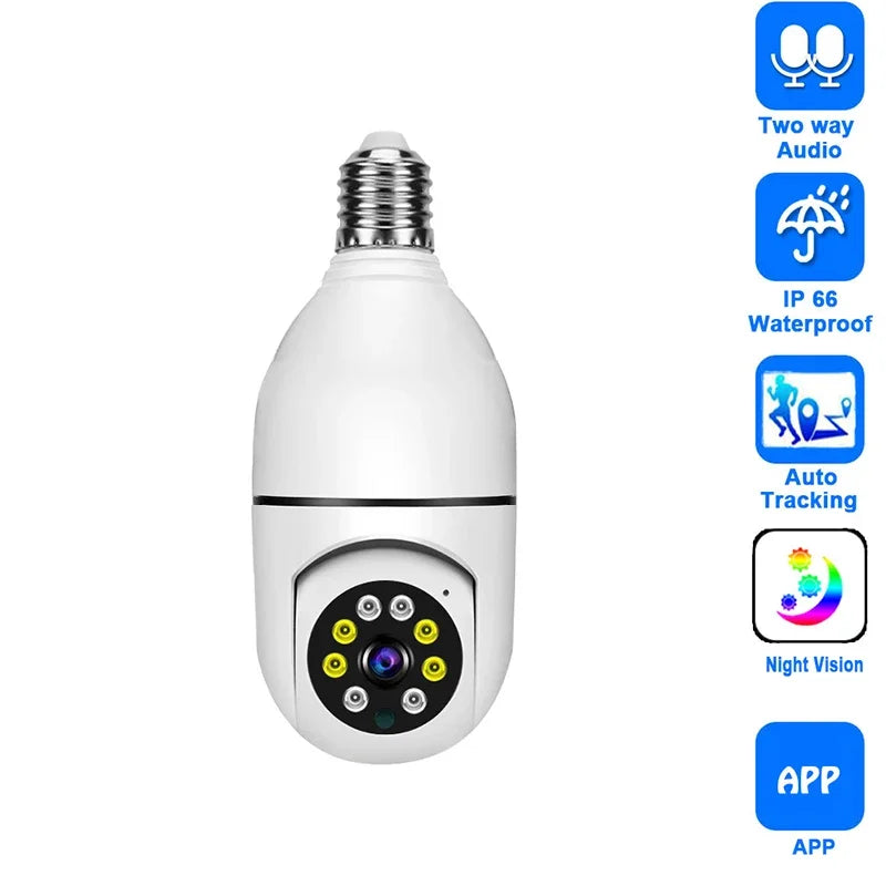 A white security camera with a threaded top and a circular lens assembly is shown against a white background.