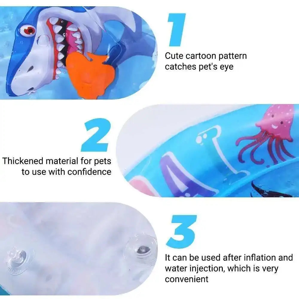 Guía en tres pasos de una alfombra de agua interactiva para gatos con diseño de pez, destacando sus características y uso.