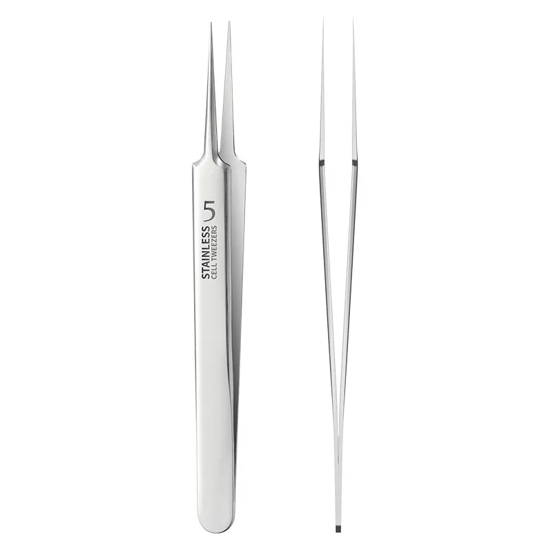 Stainless steel precision blackhead removal tweezers with an acne needle.