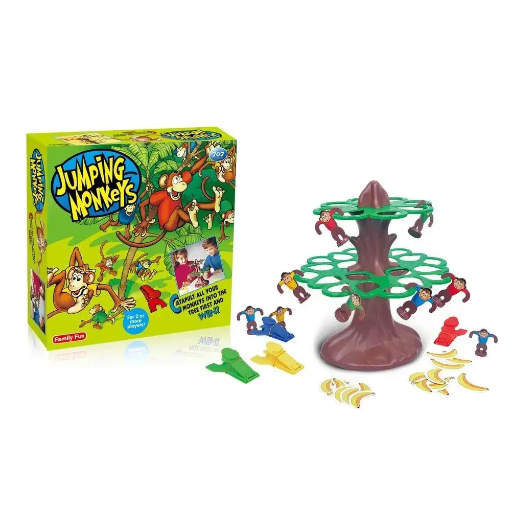 Juego de mesa Jumping Monkeys con caja, componentes y estructura de árbol de madera.