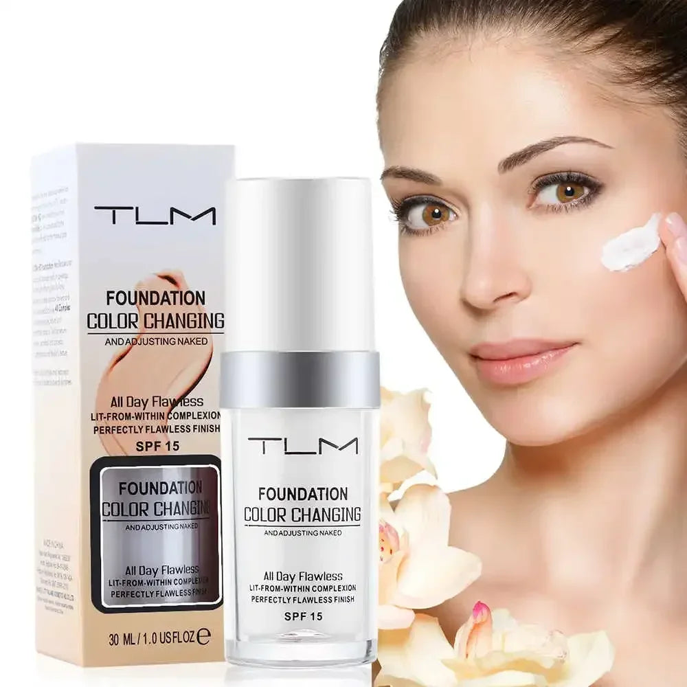 A woman applies TLM foundation color changing liquid foundation with a matte concealer finish on her face.