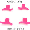 A comparison of a Classic Stamp and a Dramatic Stamp for winged eyeliner stencils.