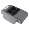 A gray car center console organizer featuring a padded armrest and a cup holder compartment.