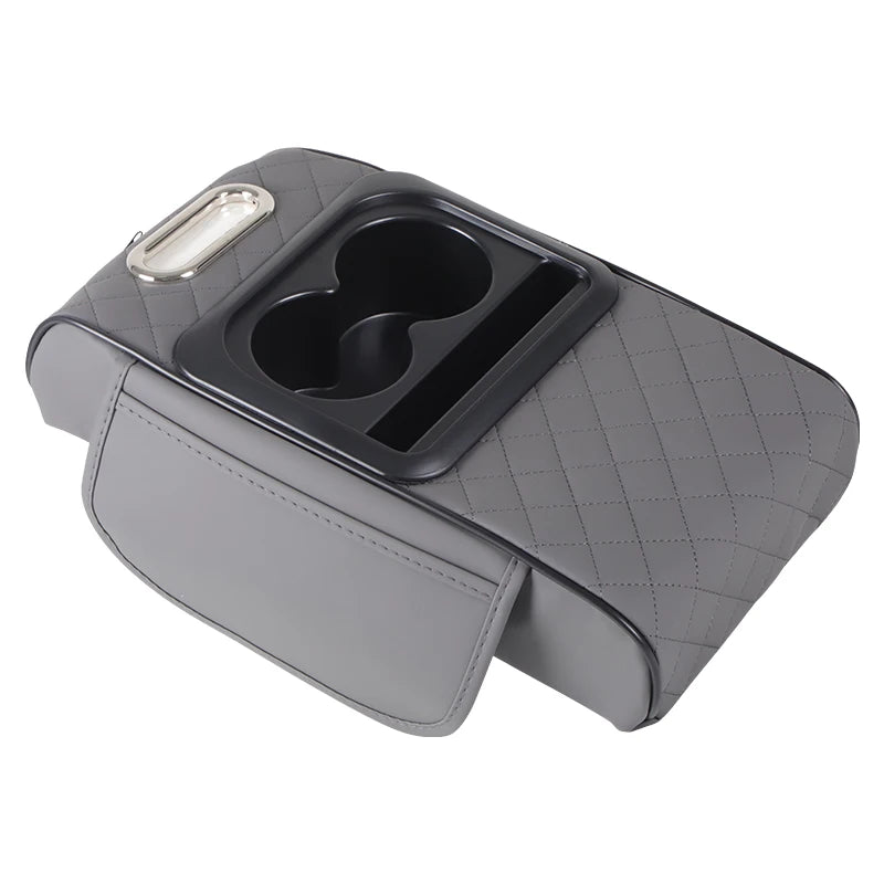 A gray car center console organizer featuring a padded armrest and a cup holder compartment.