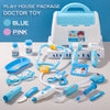 A blue and pink play house package doctor toy set featuring a medical kit, stethoscope, and various doctor tools.