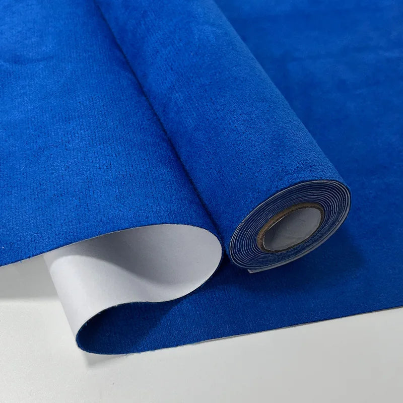 Rollo de tela de gamuza autoadhesiva azul real con acabado aterciopelado