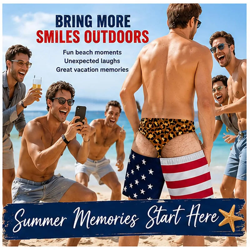 Group of men smiling and enjoying summer memories on a beach with patriotic swim trunks