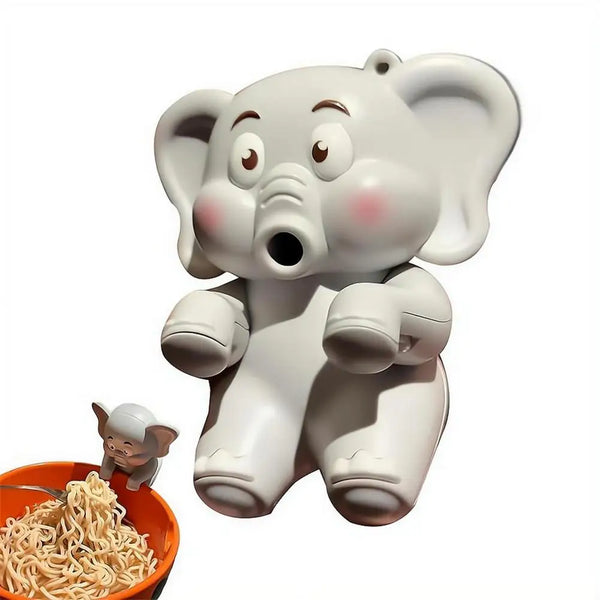 A white mini elephant toy featuring hands and a mouth, next to an orange bowl of noodles.