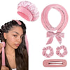 Pink satin heatless overnight curling headband and hair rollers shown next to a woman