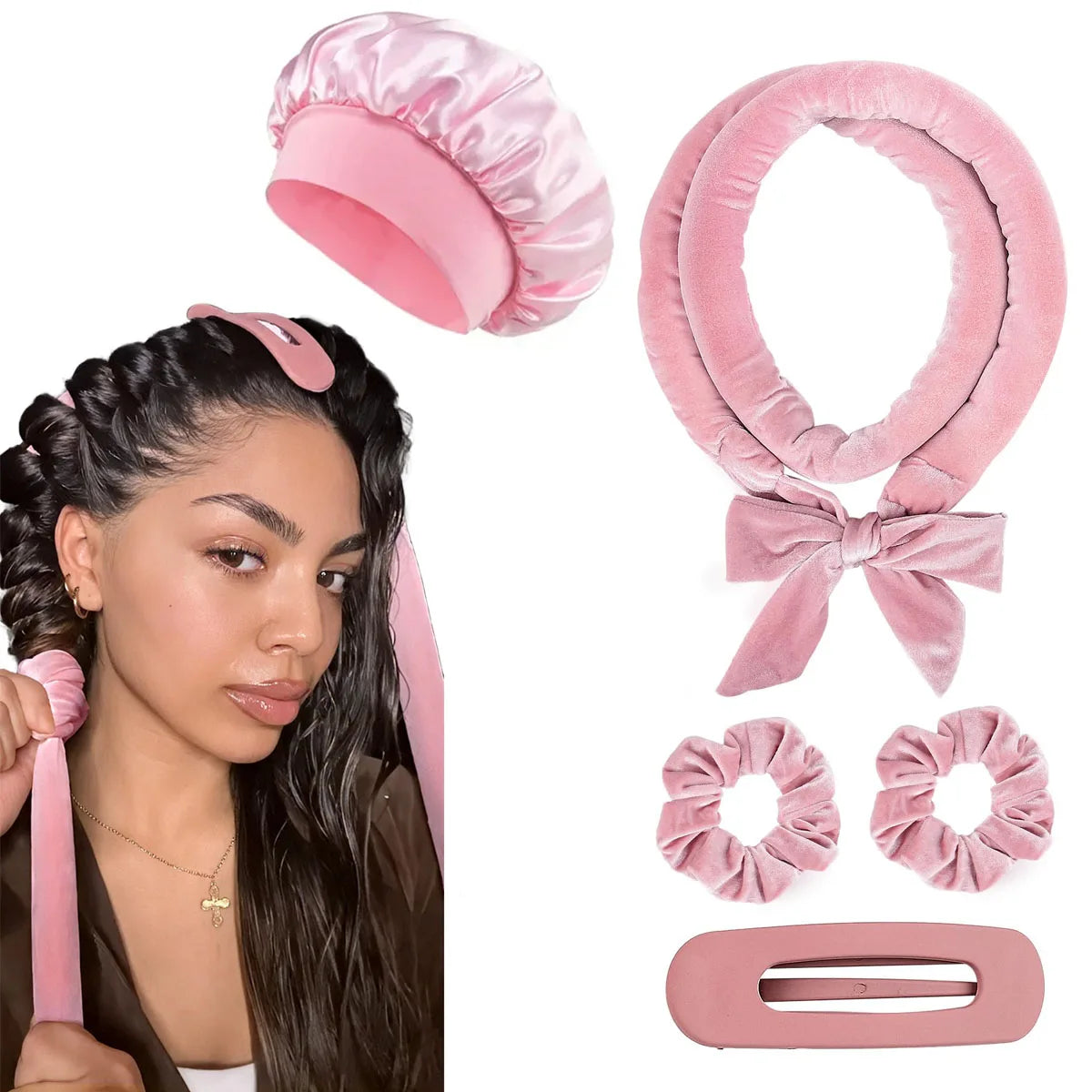 Pink satin heatless overnight curling headband and hair rollers shown next to a woman
