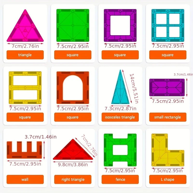 A set of magnetic building blocks featuring various geometric shapes like triangles, squares, and rectangles in different col