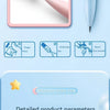 A close-up view of a pink and blue mechanical pencil set demonstrating how to press the finger, use the knife hole, and turn 