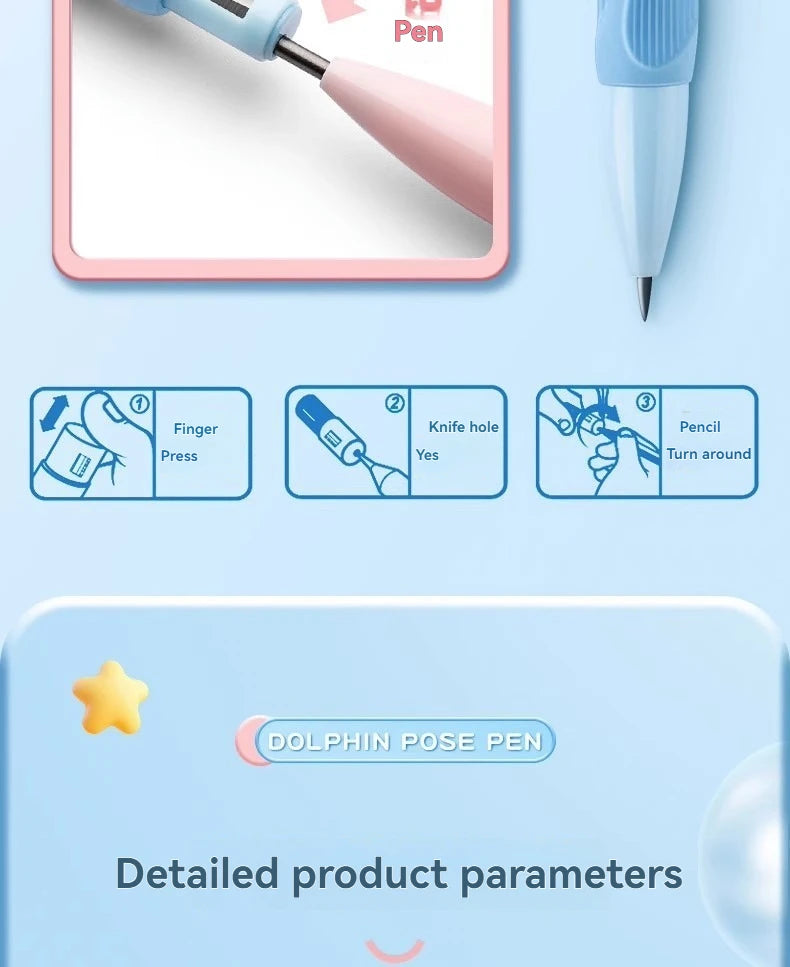 A close-up view of a pink and blue mechanical pencil set demonstrating how to press the finger, use the knife hole, and turn 