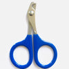 A pair of stainless steel pet nail clippers with a blue non-slip grip.