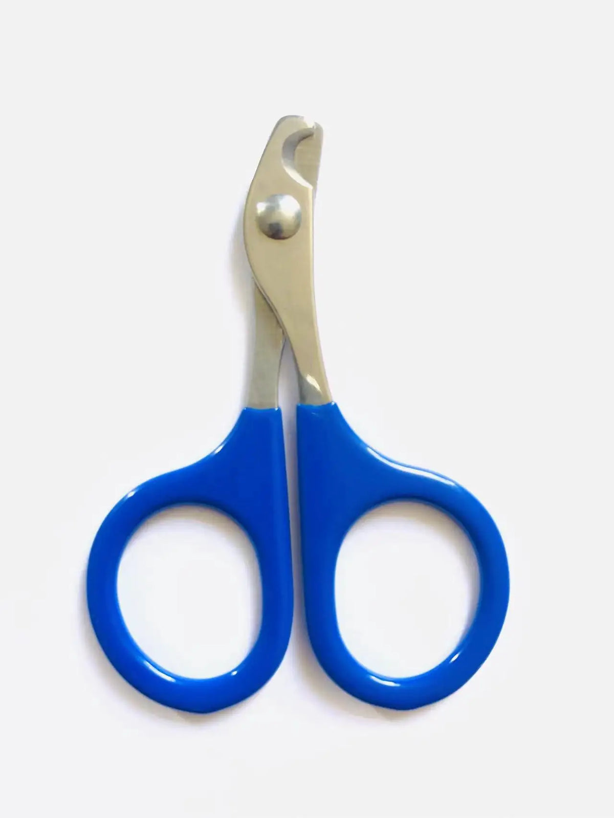 A pair of stainless steel pet nail clippers with a blue non-slip grip.