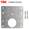 A stainless steel cabinet door hinge repair plate kit showing one plate and four screws.