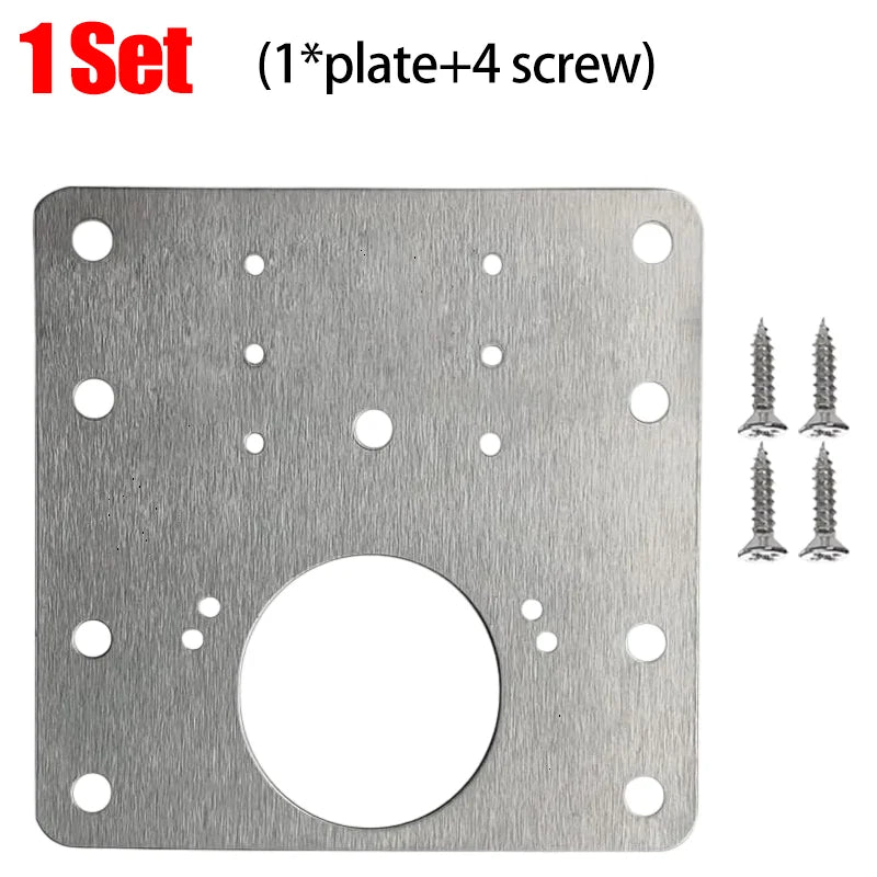 A stainless steel cabinet door hinge repair plate kit showing one plate and four screws.