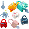 A set of car-shaped puzzle locks and keys for children, including a yellow lock, a teal lock with a key, and a pink car lock.