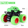 A bright green pull-back stunt SUV toy car with black chassis and large wheels.